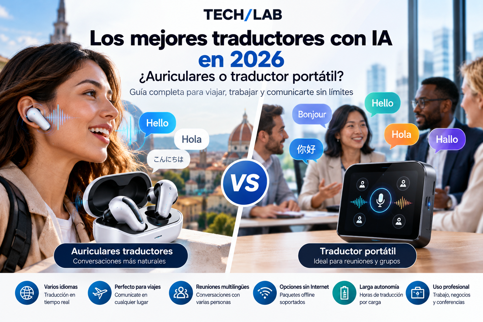 Comparativa ilustrada de auriculares traductores y traductor portátil con IA