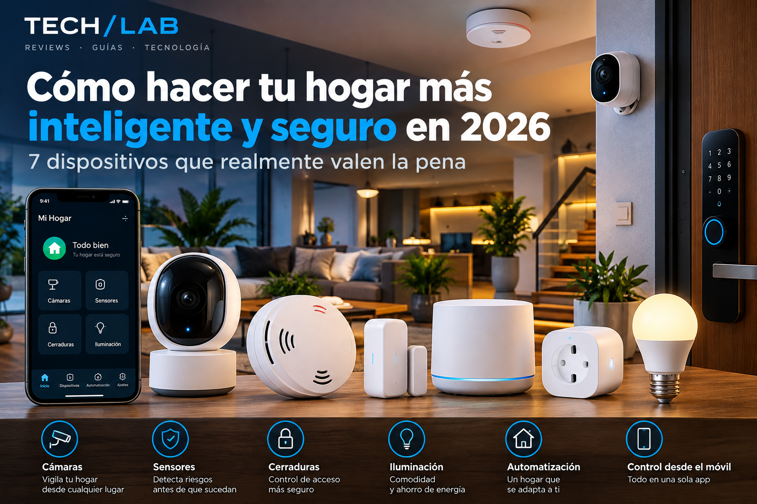 Ilustración TECH/LAB de dispositivos para un hogar inteligente y seguro